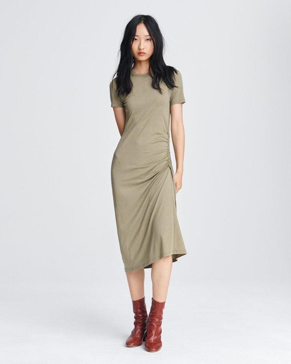 RAG & BONE Ina Ruched Midi Jersey T-Shirt Dress Light Olive Nordstrom S NWT $325